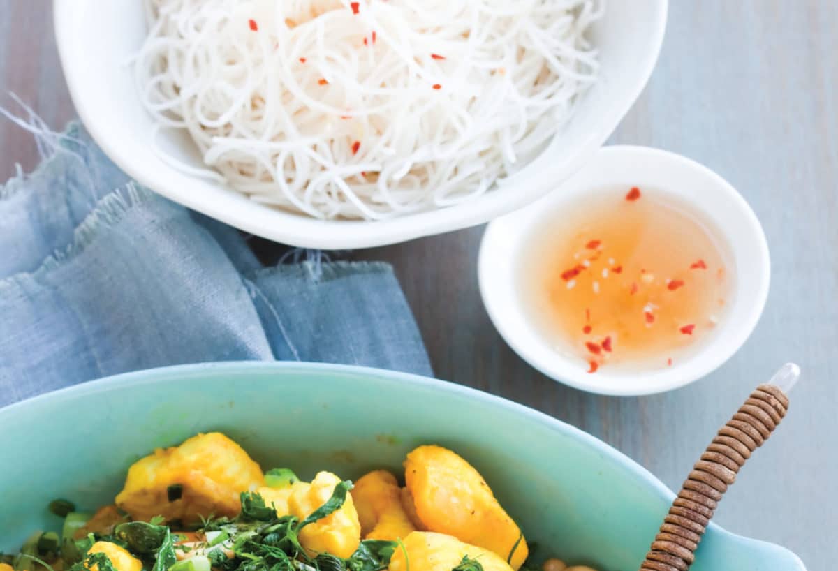 Rice vermicelli noodles served with a side of nuoc cham sauce.