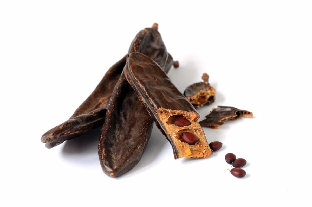 Brown carob pods with seeds visible on a white surface.
