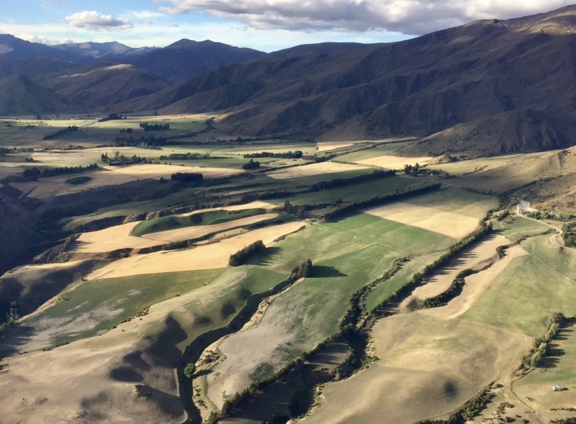 Aerial view of Roaring Meg landscape in New Zealand