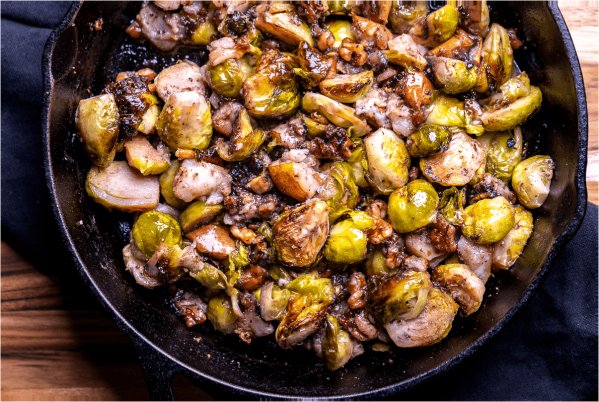 Skillet with roasted Brussels sprouts, pear, and walnuts