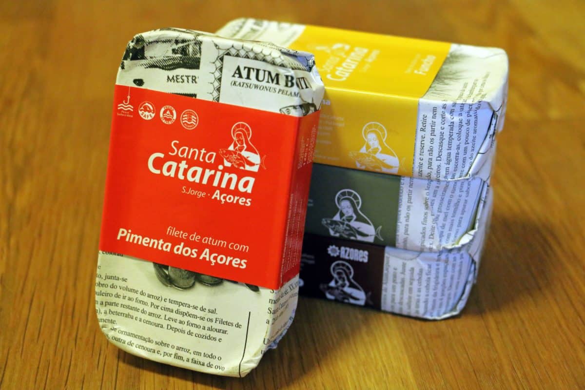 Cans of Santa Catarina Azorean Tuna with various flavor labels