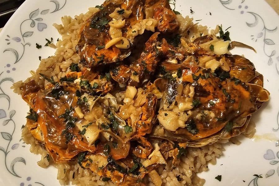 Close-up of sautéed soft shell crabs on a plate