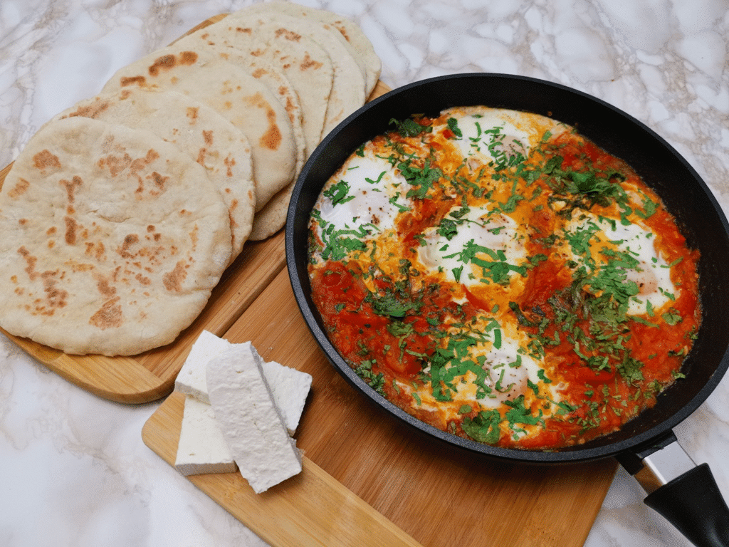 Shakshuka in a pan next to pan bread and white cheese
