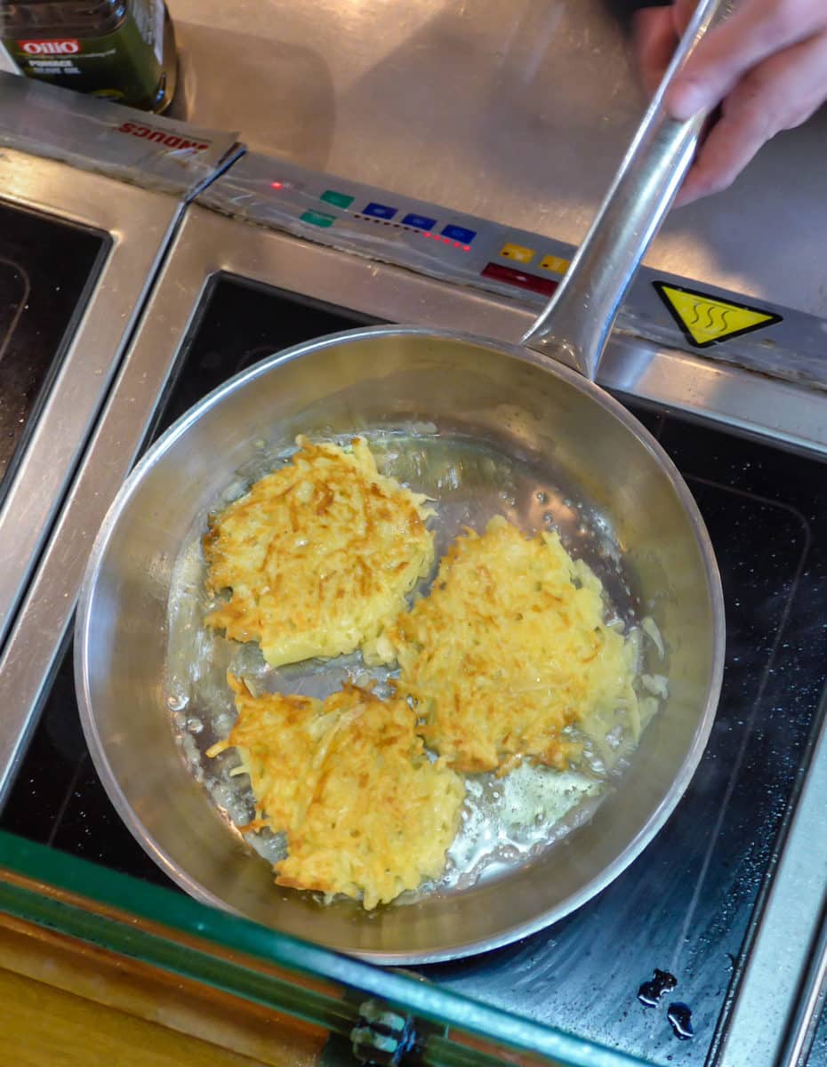 Close-up of pankukas being fried in a pan