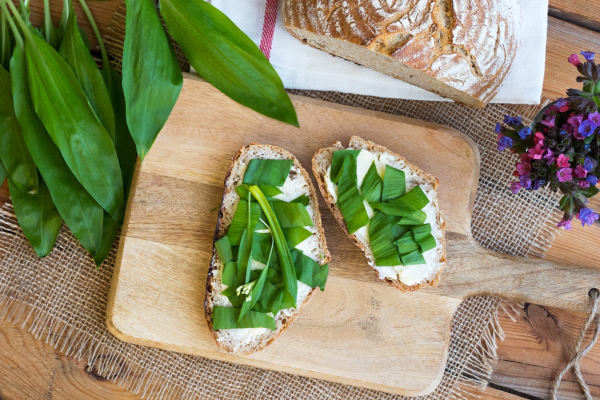 Sourdough bread slices topped with butter and wild garlic leaves.