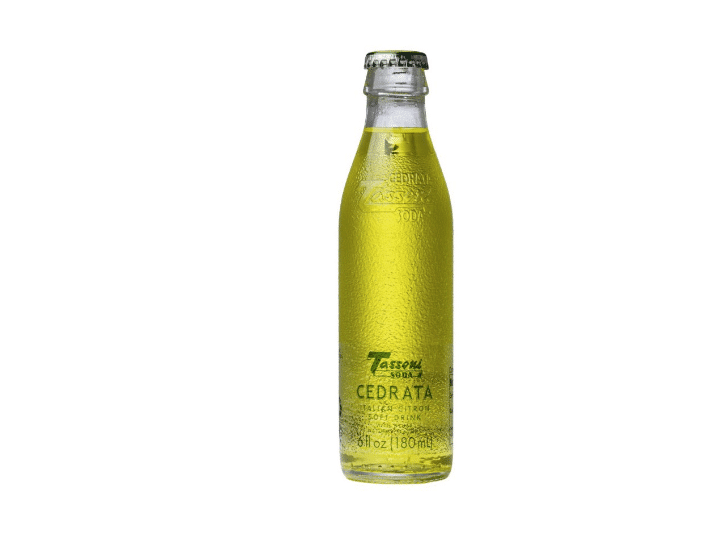 Tassoni Cedrata soda in a textured glass bottle.