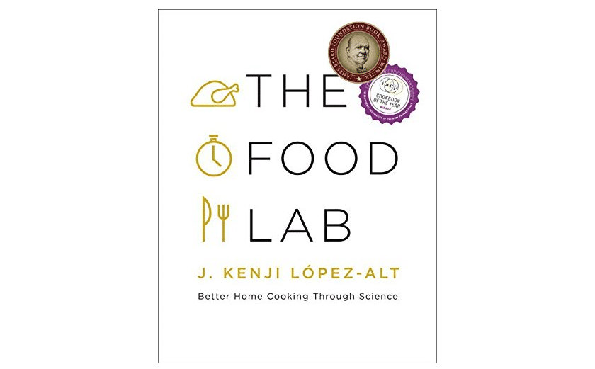 Cover of the book "The Food Lab" by J. Kenji López-Alt with various culinary symbols and awards.