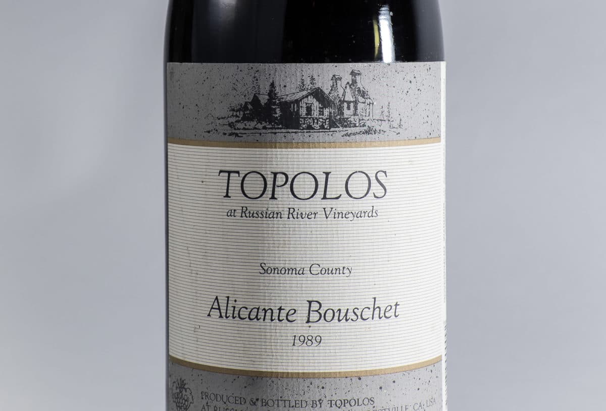 Bottle of Topolos 1989 Alicante Bouschet from Russian River Valley.
