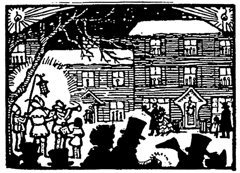 Black and white vintage illustration of a festive Christmas gathering