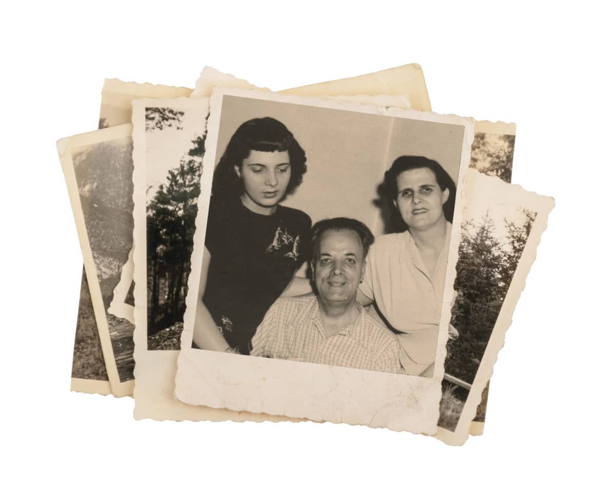 Black and white vintage photos of a family, including a couple and a woman