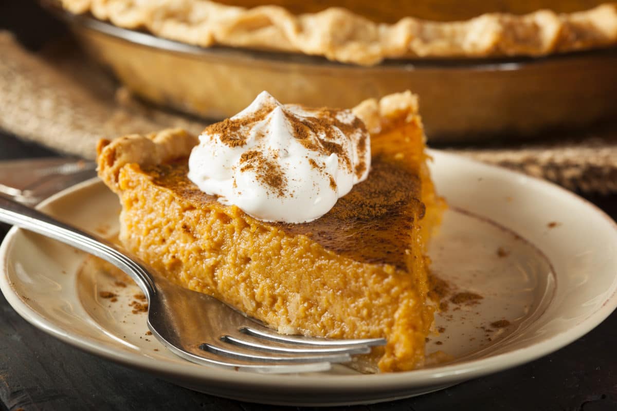 Delicious slice of pumpkin pie with whipped cream on top