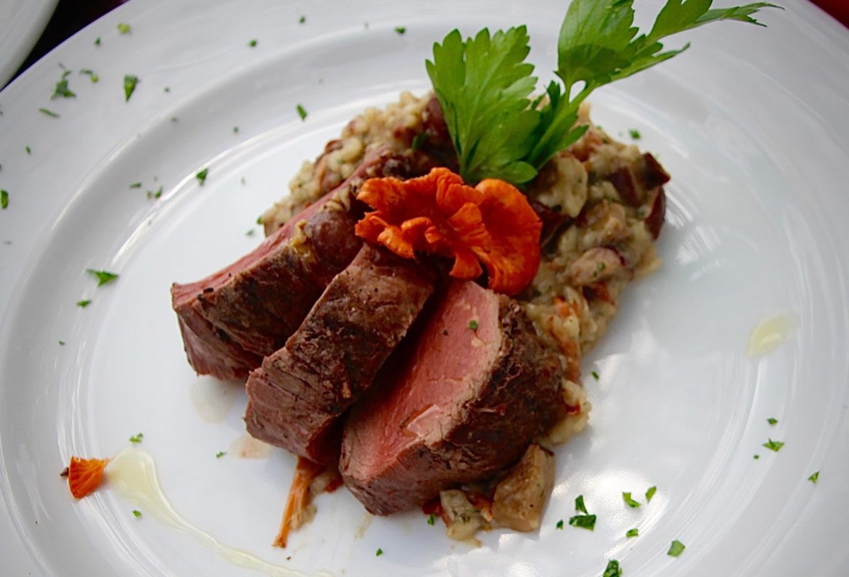 Plated wild mushroom risotto with tenderloin, garnished with a flower and white truffle oil.