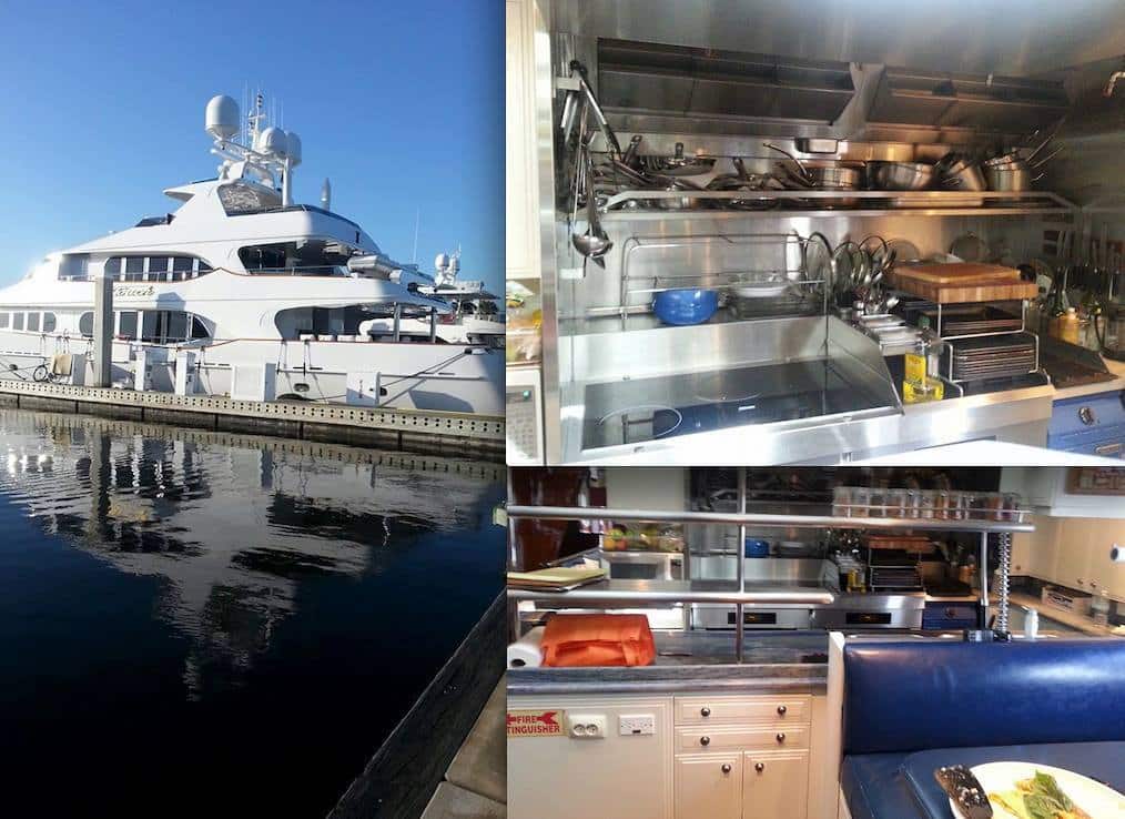 A collage showcasing a luxurious yacht docked at a harbor, and two interior photos of yacht kitchens.
